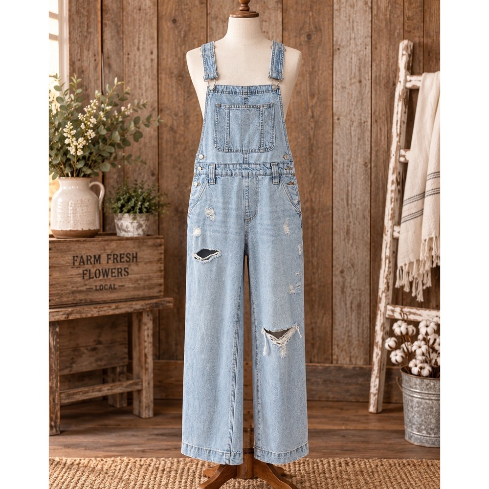 Cotton On Utility Denim Long Overalls Light Wash Distressed Wide Leg Size 2 NWT